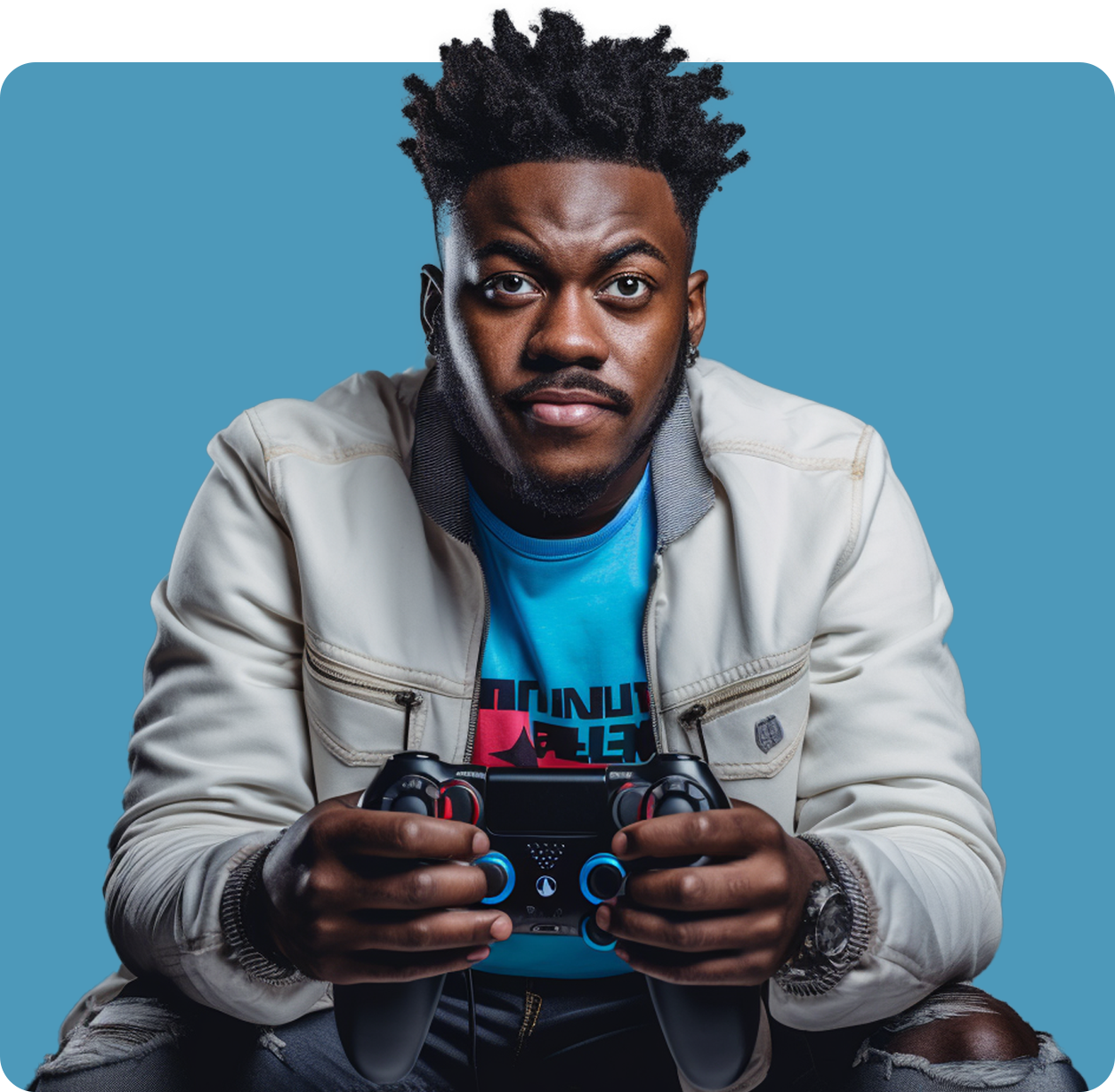 gamer with controller blue background